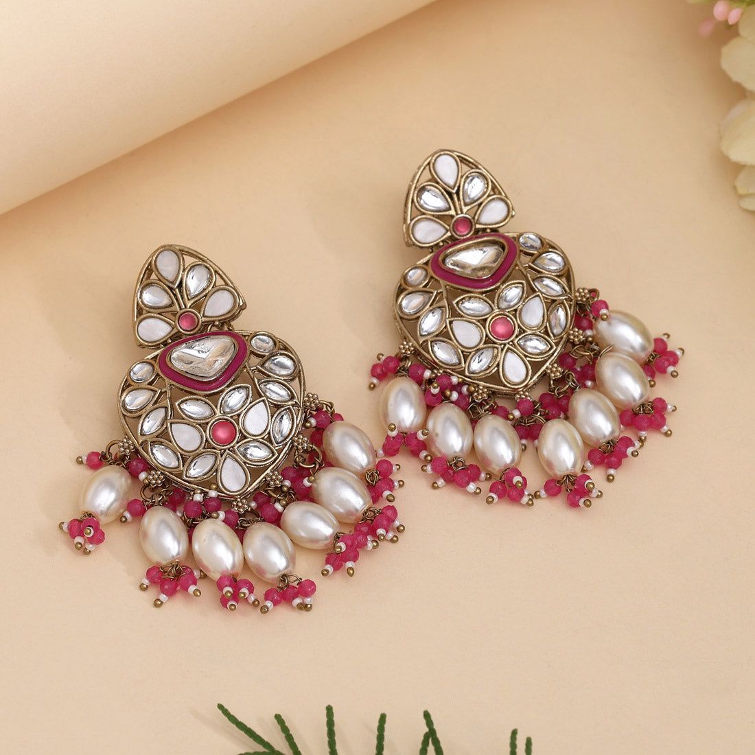 Rani Color Kundan Earrings (KDE1008RNI)-Length: 7.00 CM x Width: 4.00 CM / Pink / Alloy With Good Quality Mehndi Gold Plated