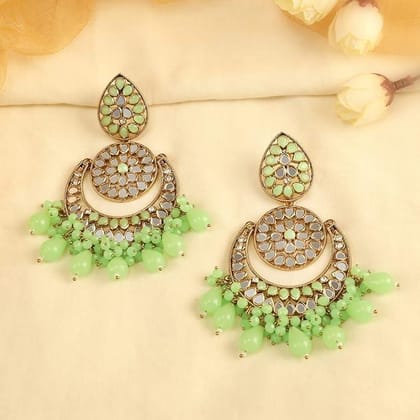 Gold Plated Handcut Mirror Kundan Green Chandbali Earrings