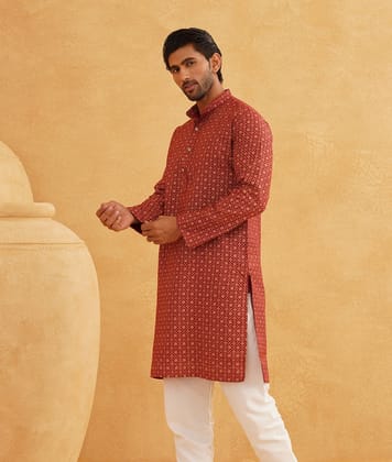 Men's Cotton Linen Foil Printed Maroon Long Kurta-36
