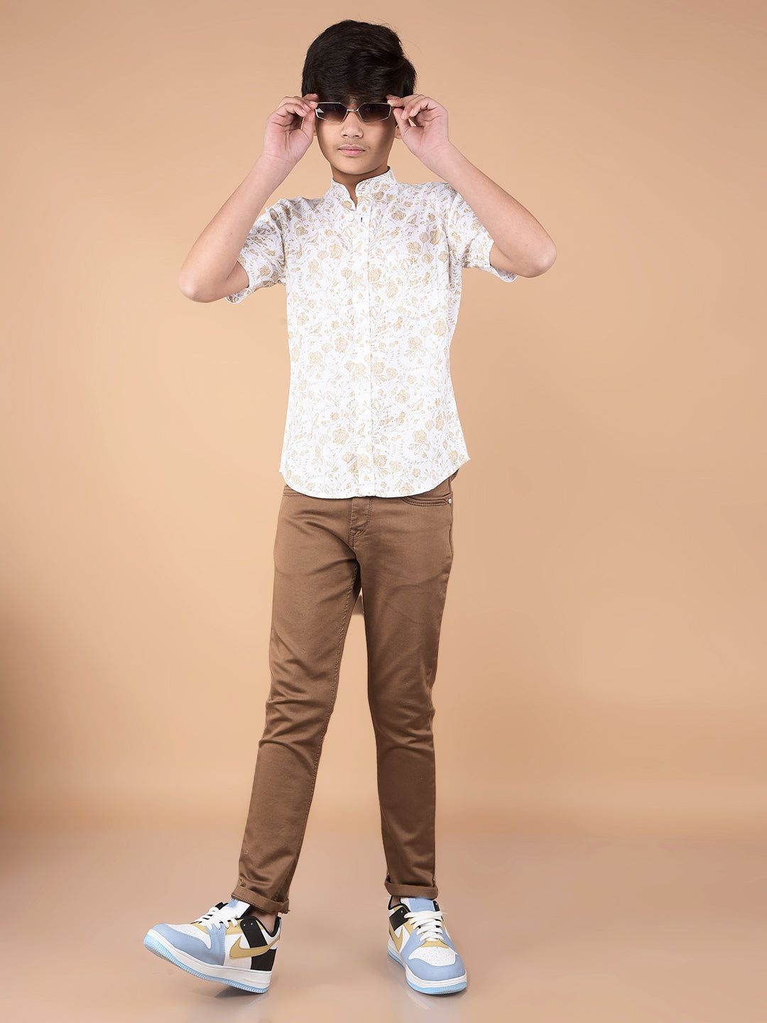 Beige Floral Print Linen Shirt-11-12Y / Beige