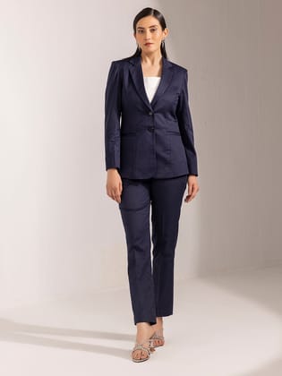 Poly Cotton Pant Suit - Navy Blue-XS