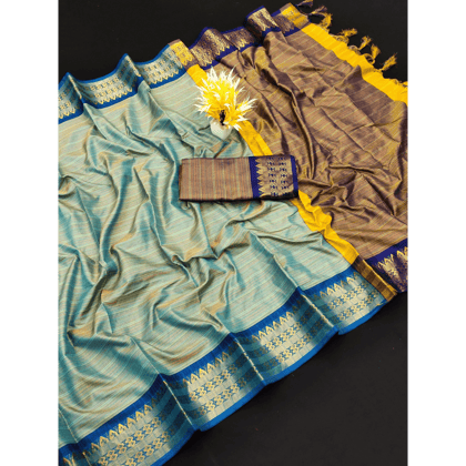TheHangr Green With Blue Pallu Border Beautiful Festive Wear Saree With Blouse Piece