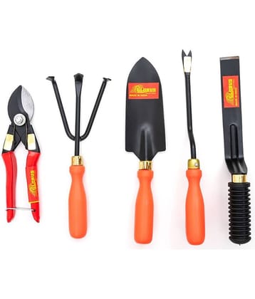 GLOBUS STEEL GARDEN TOOL SET/5 PCS ( TRANSPLANTER, WEEDER, CULTIVATOR,  KHURPA 1" AND GERMAN PRUNER)