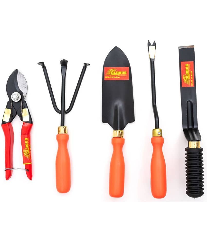 GLOBUS STEEL GARDEN TOOL SET/5 PCS ( TRANSPLANTER, WEEDER, CULTIVATOR,  KHURPA 1" AND GERMAN PRUNER)