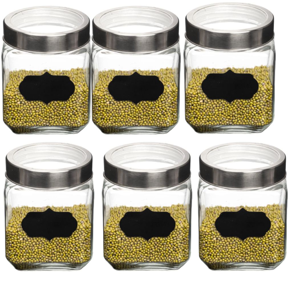 Femora Glass Cuboid Kitchen Storage Jar, 750ML, Set of 6, Free Replacement of Lids