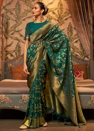 Sapphire Green Woven Banarasi Brocade Silk Saree