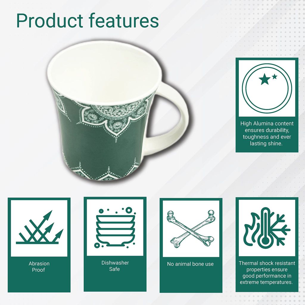 Femora Turquoise Green Cosmic Mehendi Tea Cups, Ceramic Tea Cups, Coffee Mugs (160 ml) - 6 Pcs Set (Green)
