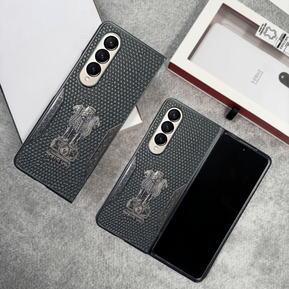 Black (Pattern 6) Satyameva Jayate embossed Leather Case for Samsung Galaxy Z Fold 4