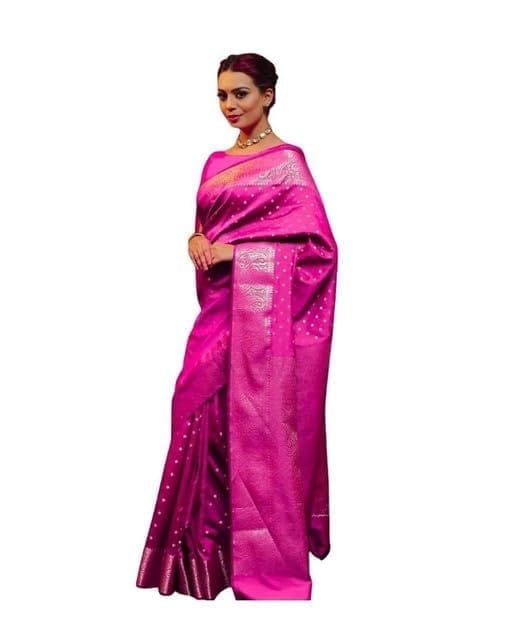 Women's Soft Lichi Silk Printed Saree With Unstitched Blouse 5.5Mtr (Pink)-PID63683
