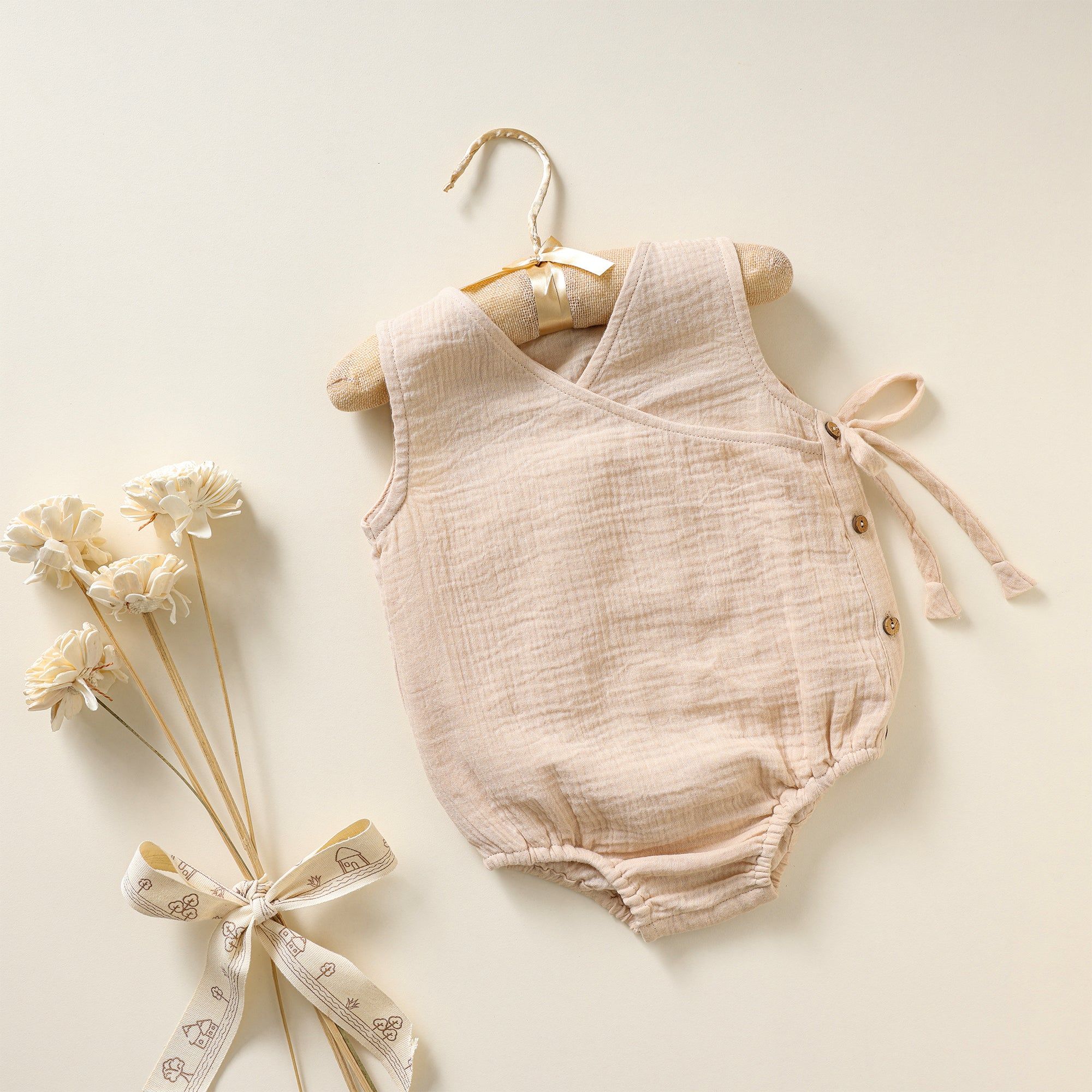 Poshaak Overlap Knotted Bodysuit - Beige-Beige / 3-6 months