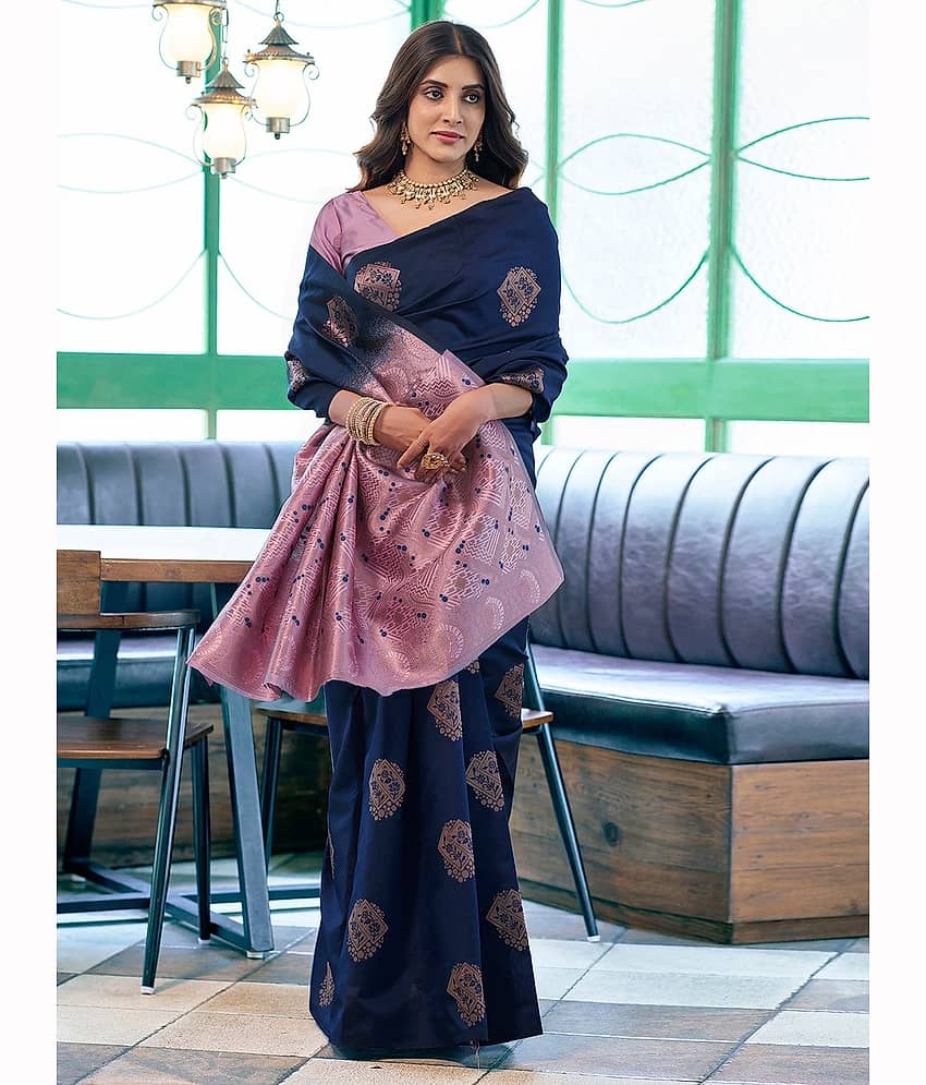 DIKONA DESIGNER Banarasi Silk Woven Saree With Unstitched Blouse Piece ( Blue )