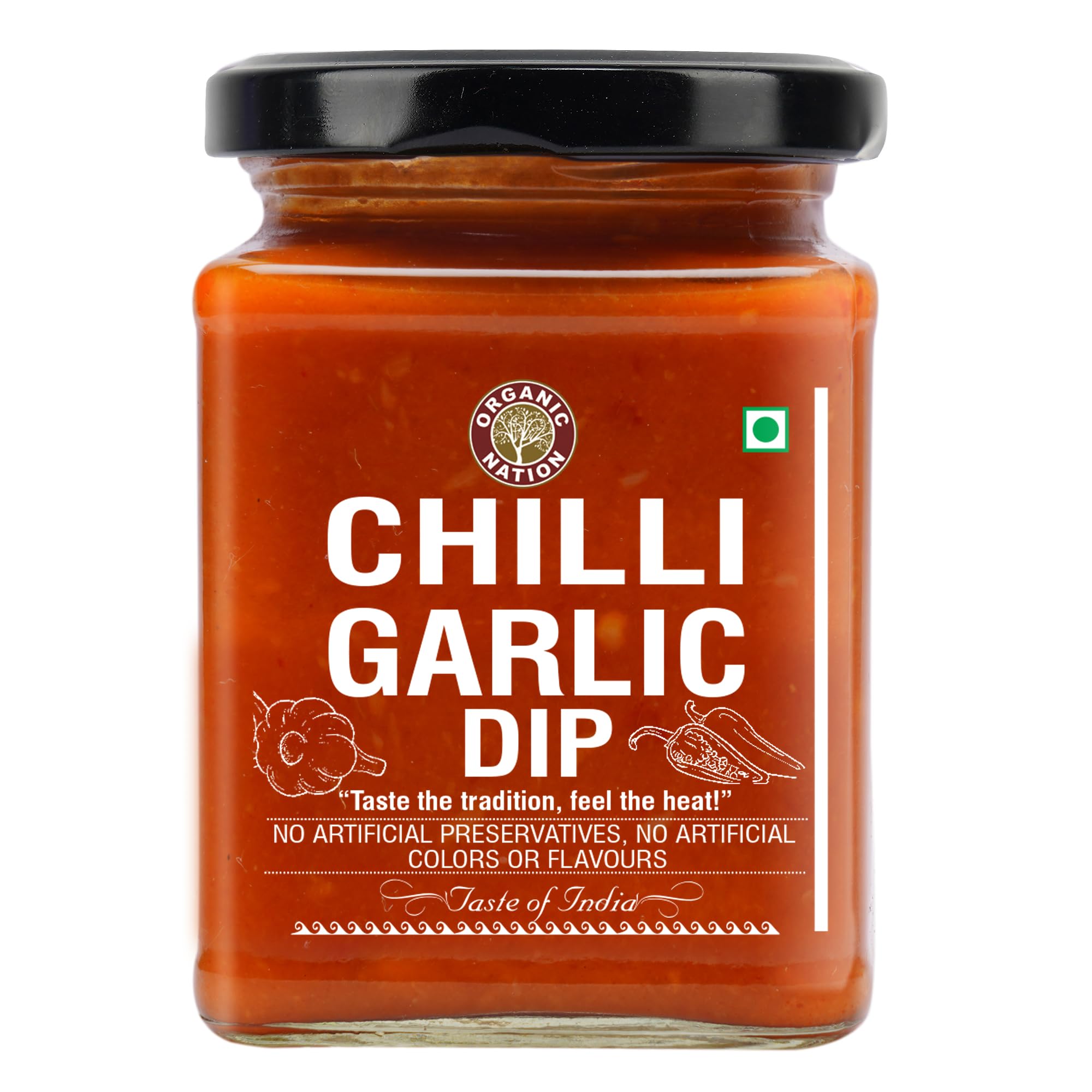 Organic Nation Chilli Garlic Dip | Homestyle Made with Red Chillies, Garlic & Aromatic Spices | No Added Preservatives, No Artificial Flavours | Traditional Recipe, 260g