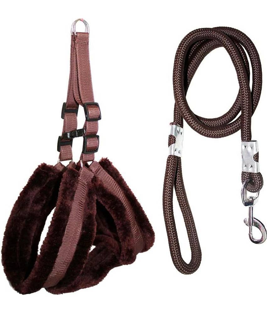 Petshop7 Premium Qaulity Fur Padded Nylon Dog Harness & Leash Rope 1.25inch Large (Chest Size - 29 - 35inch) Brown
