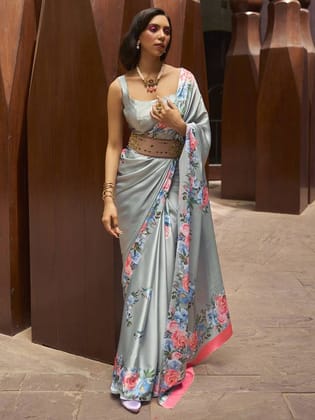 Bitter Grey Digital Printed Satin Silk Saree