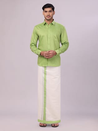 Mens Cotton Light Green Shirt with Tissue Matching Border Flexi Dhoti Wedding Combo Kandala-36 / F/S / Light Green