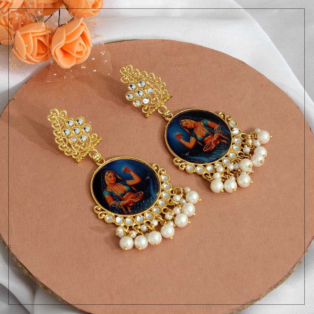 Multi Color Kundan Kundan Earrings (KDE399MLT)-Length: 8.00 CM x Width: 3.50 CM / Gold / Alloy With Good Quality Gold Plated