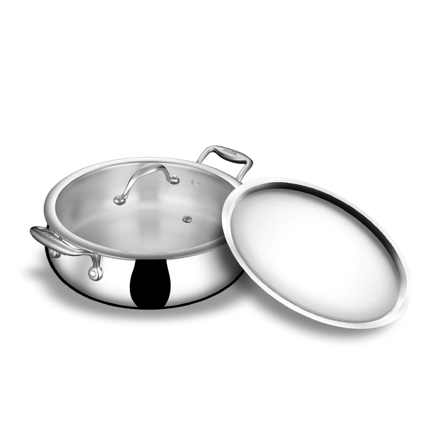 Stahl Artisan Triply Stainless Steel Biryani Handi with Dual lid, Steel Lid for Dum & Glass Lid for Serving | Biryani Pot, Gas & Induction Compatible | Non-Toxic, Less Oil, Stick Resistant