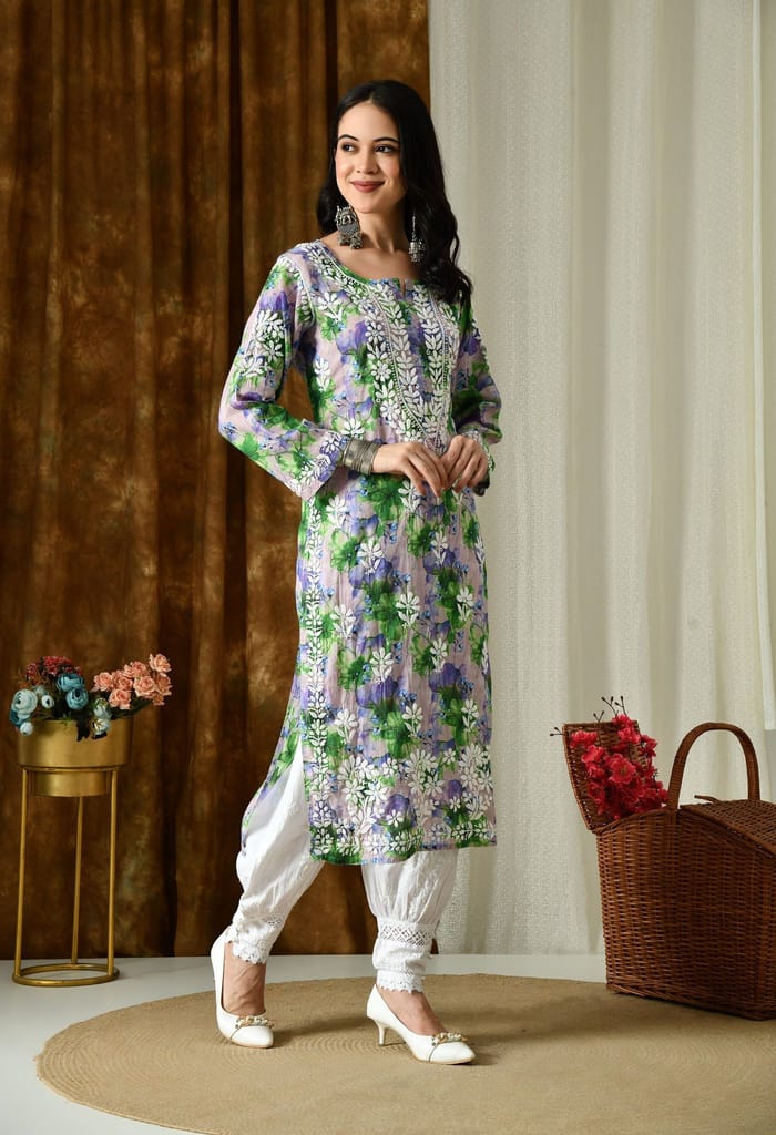 Multi color Mulmul Pure Cotton Lucknow Chikankari Kurta -Green