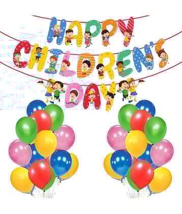 Zyozi Happy Children Day Banner with Multi Colours Balloon for Children Day Party Garland Bunting Sign Children Day Theme Party Decorations Supplies Backdrop Supplies (Pack of 26)
