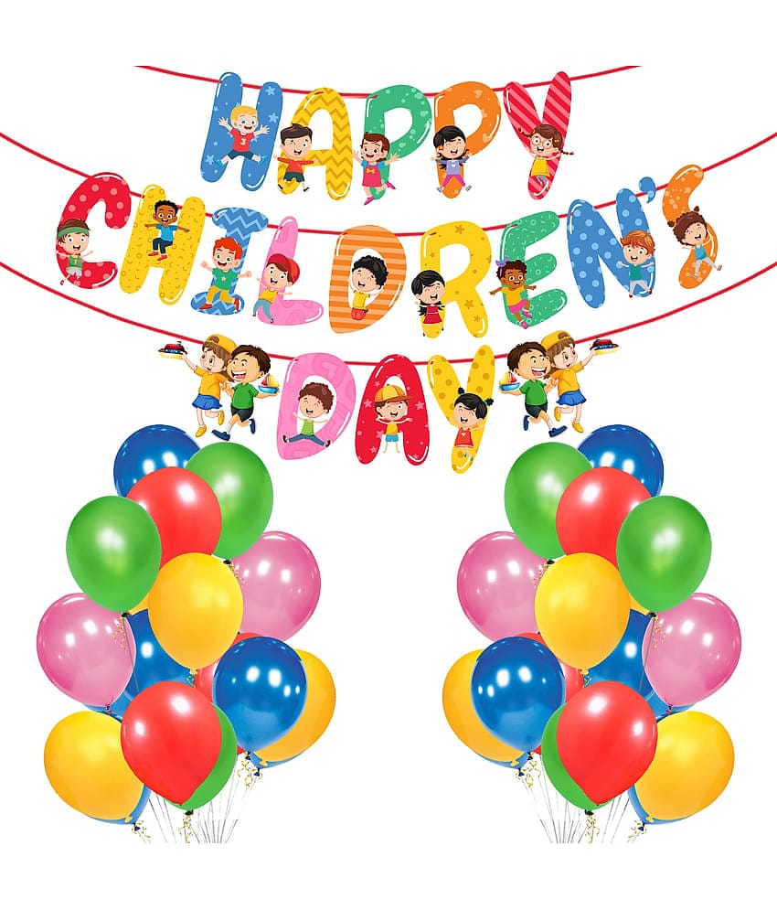 Zyozi Happy Children Day Banner with Multi Colours Balloon for Children Day Party Garland Bunting Sign Children Day Theme Party Decorations Supplies Backdrop Supplies (Pack of 26)