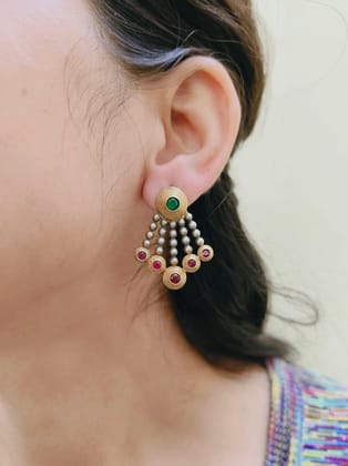 Dual Tone Silver Oxidized Stone Dangler Earrings – Elegant Design | Sarichka-Mint Blue+Red