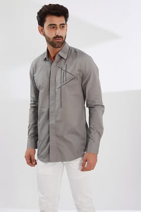 Grey Geometric Embroidered Casual Shirt-GREY / S