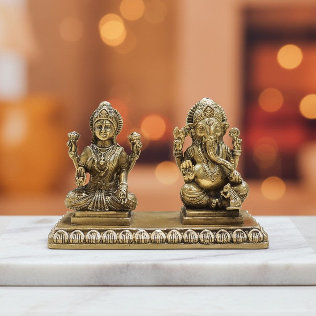 Brass Laxmi Ganesh Idol Set for Diwali | Traditional Puja Murti, Height : 3 Inch (BSMAS1854 E)