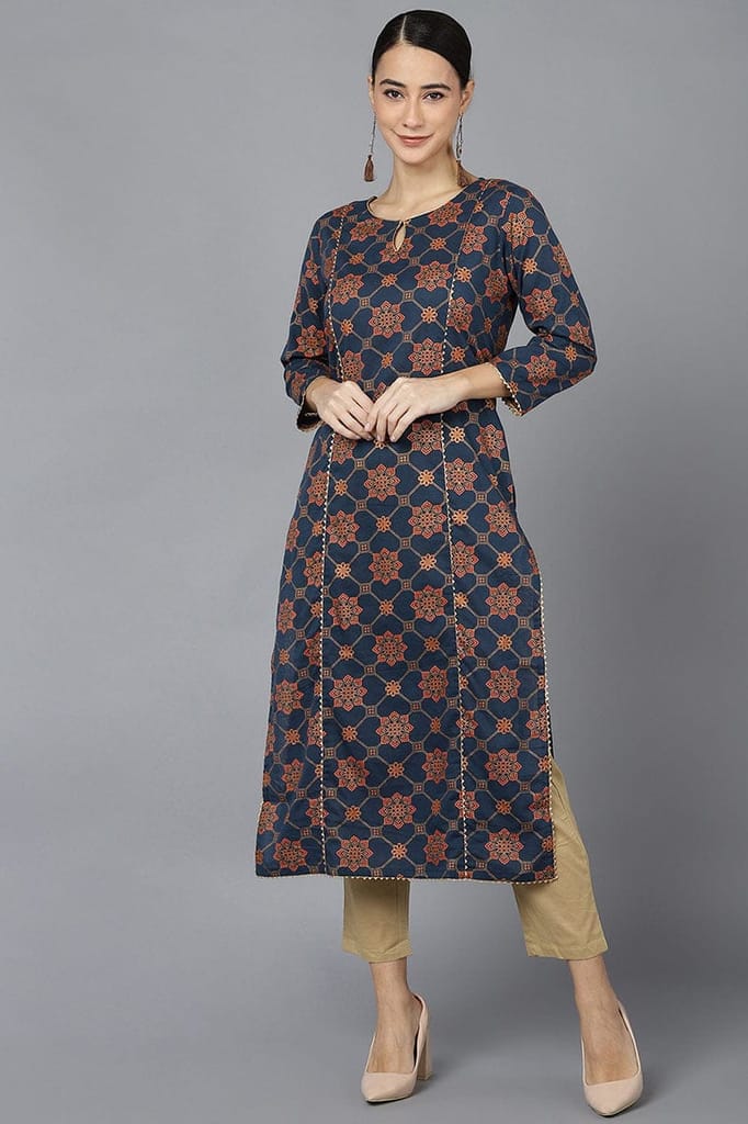 Navy Blue Cotton Straight Kurta VCK8687