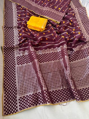 Pure munga silk fabric with beautiful Jaipuri bandej zari waiving work all over saree