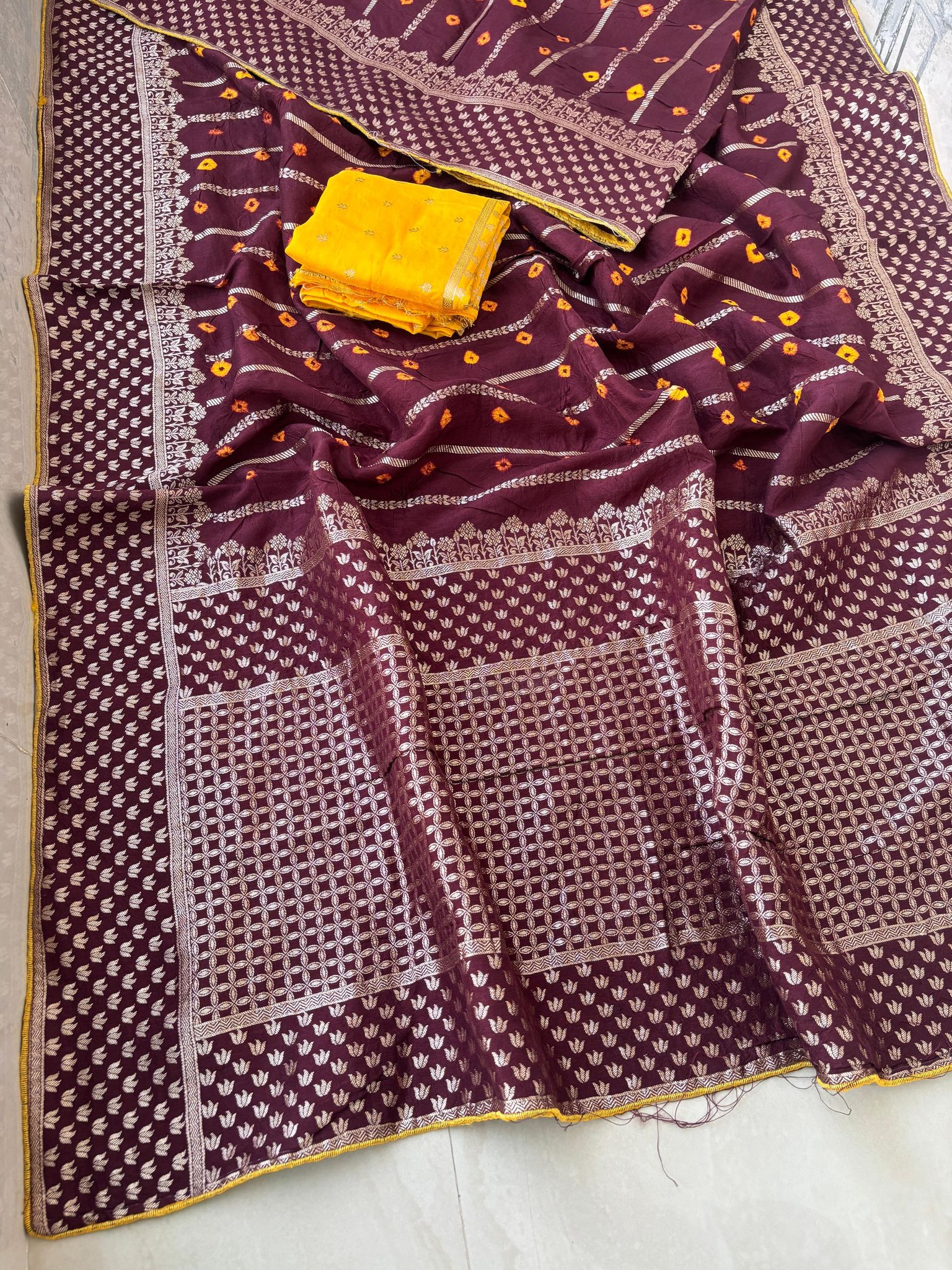Pure munga silk fabric with beautiful Jaipuri bandej zari waiving work all over saree