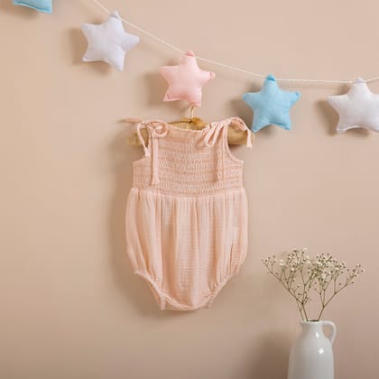 Poshaak Smocked Embroidery Baby Girl Bodysuit - Peach-Peach / 3-6 months