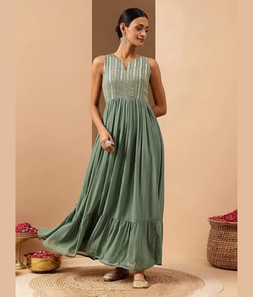 Janasya Women Georgette A-line Stitched Ethnic Gown ( Green )