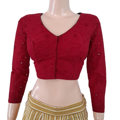Hakoba Cutwork Cotton V neck Blouse with Lining, Maroon,  BW1124-S