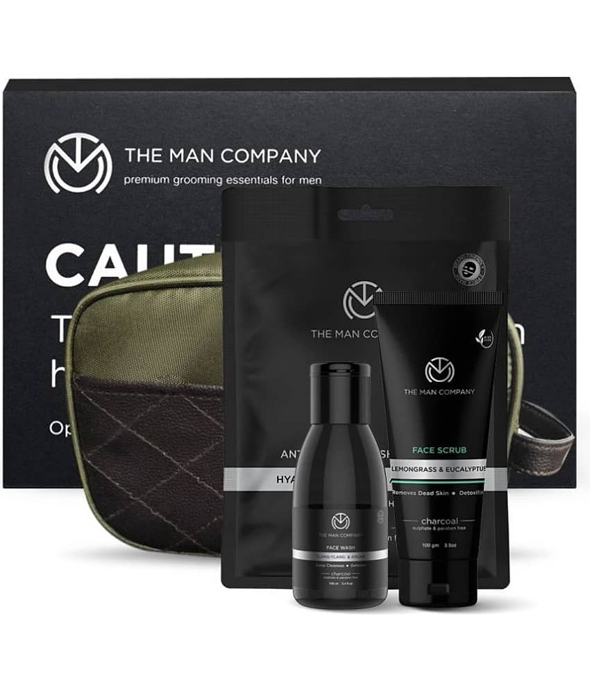The Man Company De Tan Kit with Activated Charcoal Face Scrub, Face Wash, Sheet Mask & Washbag