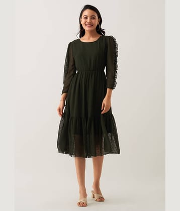 aask Women Polyester Blend Solid Fit & Flare Dress ( Green )