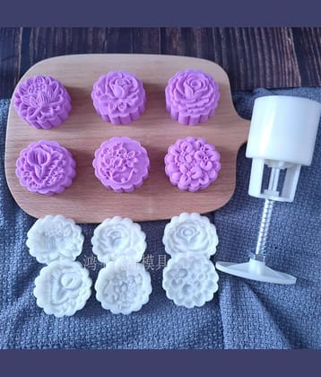 Reusable Mooncake Mold Press with 5 Stamps | DIY Cookie Biscuit Cutter Pastry Maker | Food Grade Plastic Kitchen Baking Tool | Traditional Festival Moon Cake Decorating Mold for Home Bakers