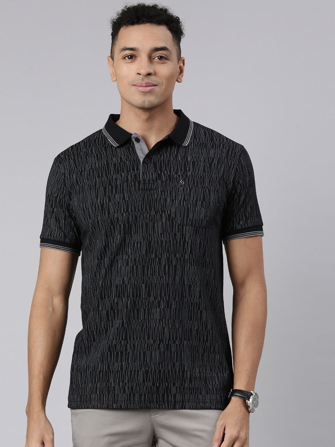 Classic Polo Men's Half Sleeve Black/Grey Polo Neck Cotton Blend Slim Fit T-Shirt | BELLO - 306 B SF P