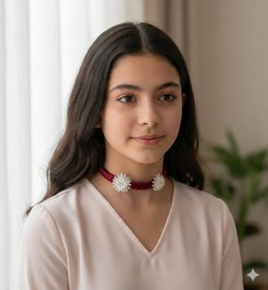 PUSPA HANDICRAFTS WORLD Handmade Kadam Fuler Chick | Red Satin Braided Choker with White Kadam Flowers | Traditional Ethnic Wear