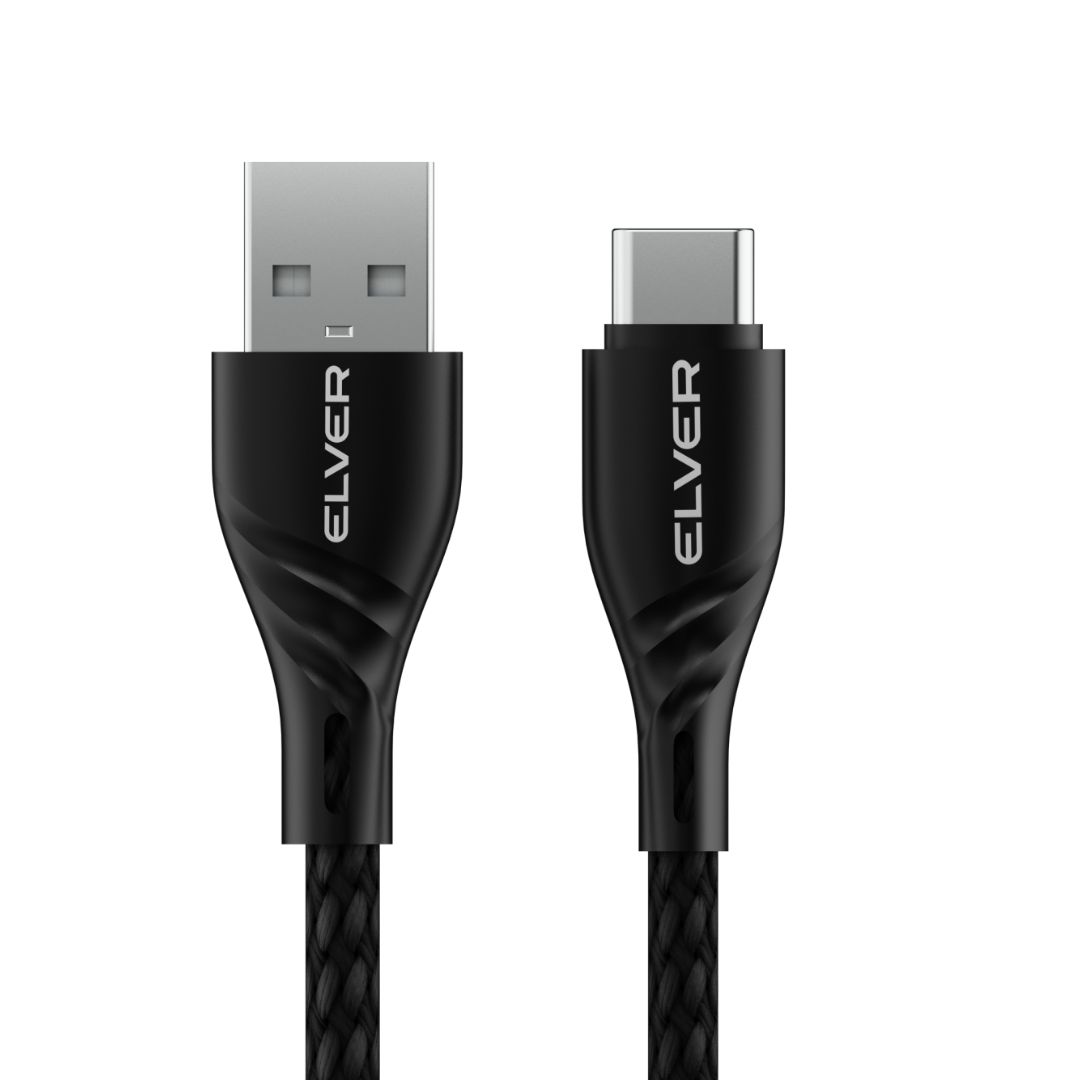 Elver USB-A to USB-C Cable, 100W Fast Charging, 1.2M Length, 480Mbps Transfer Speed, Tangle-Free - Black