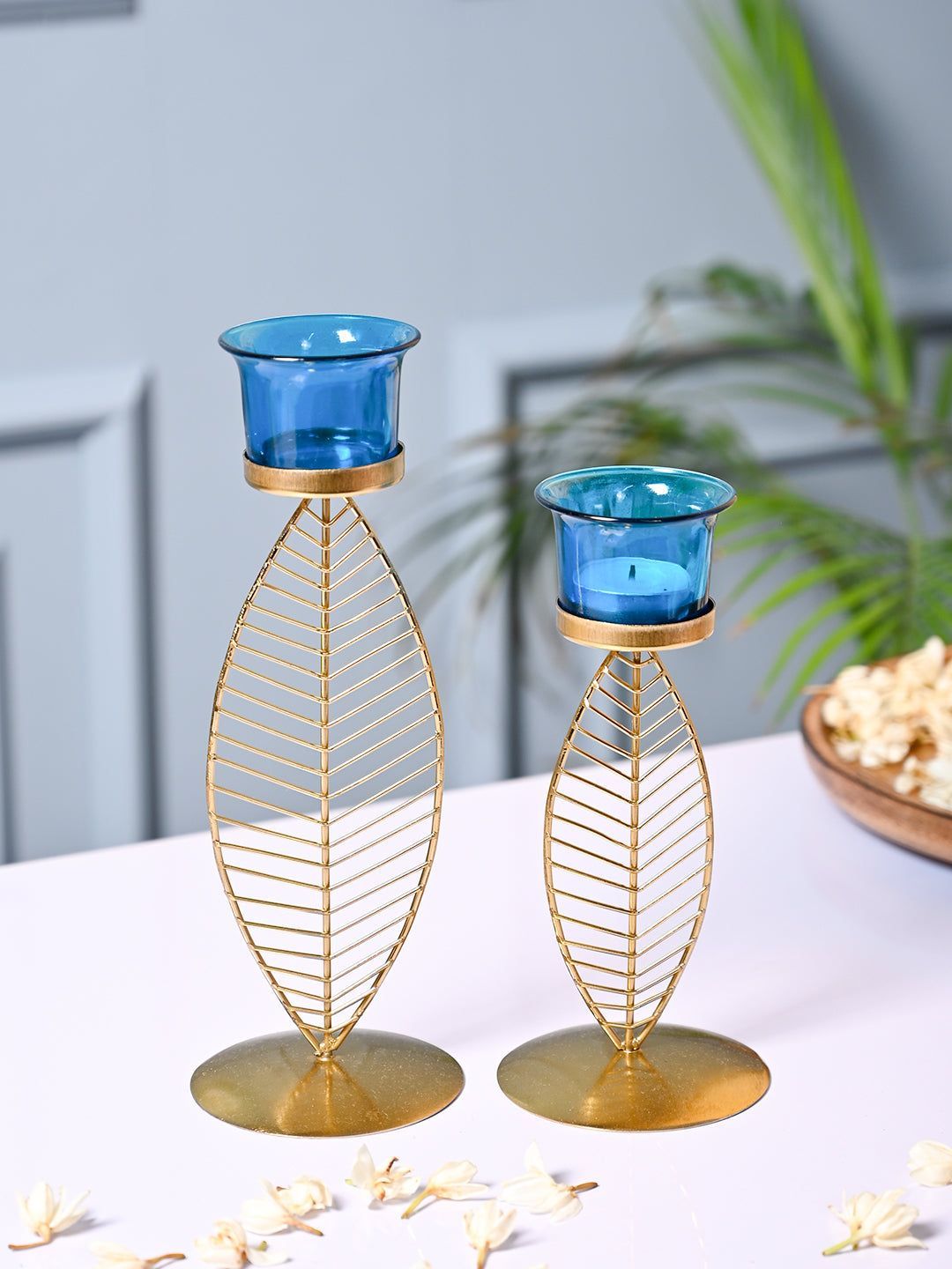 Gold Metal Leaf Candle Holder Set with Blue Glass Votive