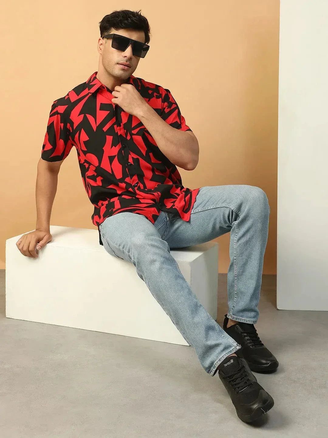 Strong Red Abstract Print Collared Short Sleeve Men Oversized Shirt