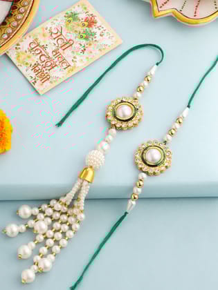 NVR Set of 2 White & Green Stone Studded Handcrafted Bhaiya Bhabhi Thread Rakhi with Roli Chawal Chandan & Mishri-One Size / Gold