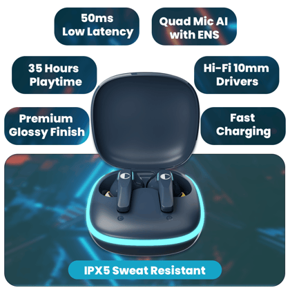 Cellecor BroPods C103 PLAY Quad Mic TWS |35H Playtime, ENC, 5.3v, 50ms Low Latency Gaming Bluetooth-Blue