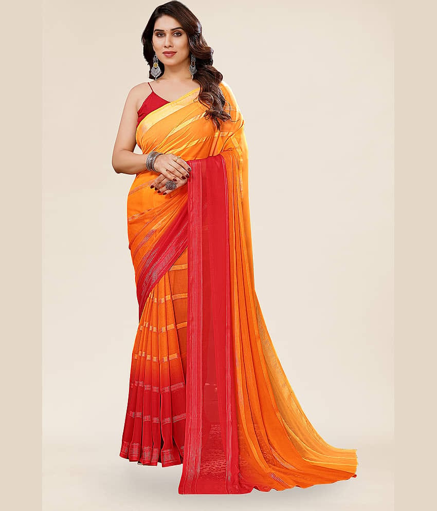 ANAND SAREES Satin Striped Saree With Unstitched Blouse Piece ( Red )
