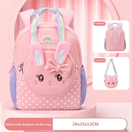 Cute Rabbit with Bow Design Backpack with Removable Front Pocket to Side Bag with Strap for Kids-Pink