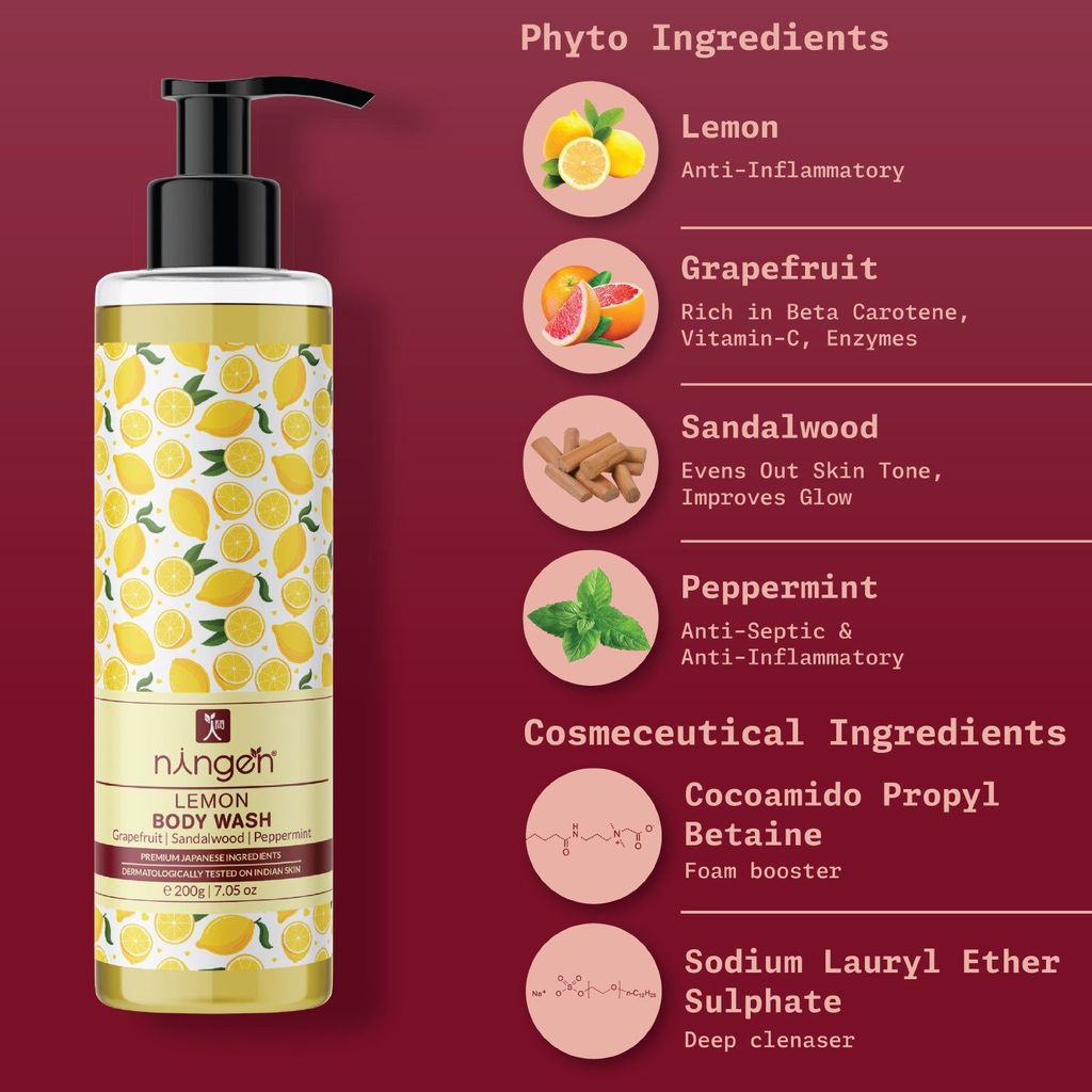 Ningen Lemon Body Wash I Essence of Grapefruit, Sandalwood, Peppermint I Irritation Free, Paraben Free I Powerhouse of Antioxidants, Helps Detoxify the Skin I 200g