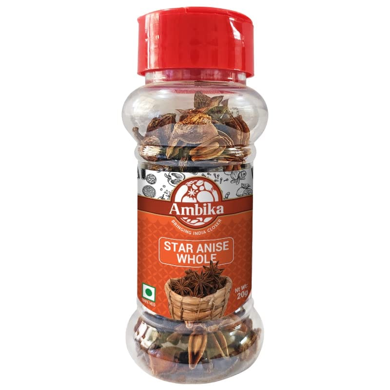 Ambika Star Anise Whole (Chakri Phool) 20g| 100% Natural & Aromatic Whole Star Anise Spice, Rich In Essential Oil, Hygienically Packed, Free From Artificial Color, Flavor And Preservatives (Bottle)