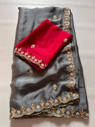 New Partywear Satin Chiffon Embroidery n Diamond Work Fancy Designer Saree With Blouse-Grey
