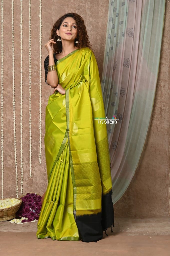 Tyohaar ~ Handloom Pure Silk Saree with Handwoven Zari Work On Pallu ~  Olive Yellow - Sarees | Buy online on ZillyBuy