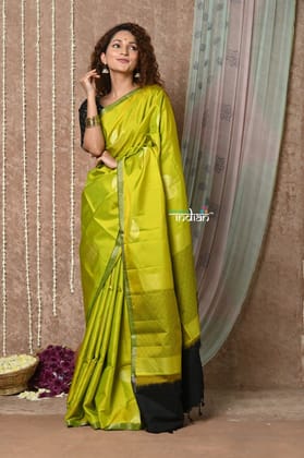 Tyohaar ~ Handloom Pure Silk Saree with Handwoven Zari Work On Pallu ~  Olive Yellow